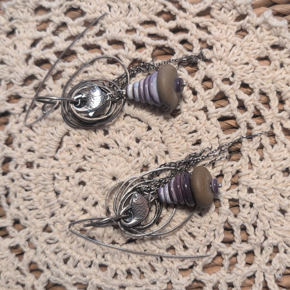 💥SOLD💥"New"Sterling Silver Dangle Earrings With Wampum&Beach Stone - Picture 7 of 9